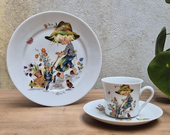 Tirschenreuth Bavaria Gottschlich Germany Child&#39;s Plate Cup and Saucer Boy with Flowers Deco.
