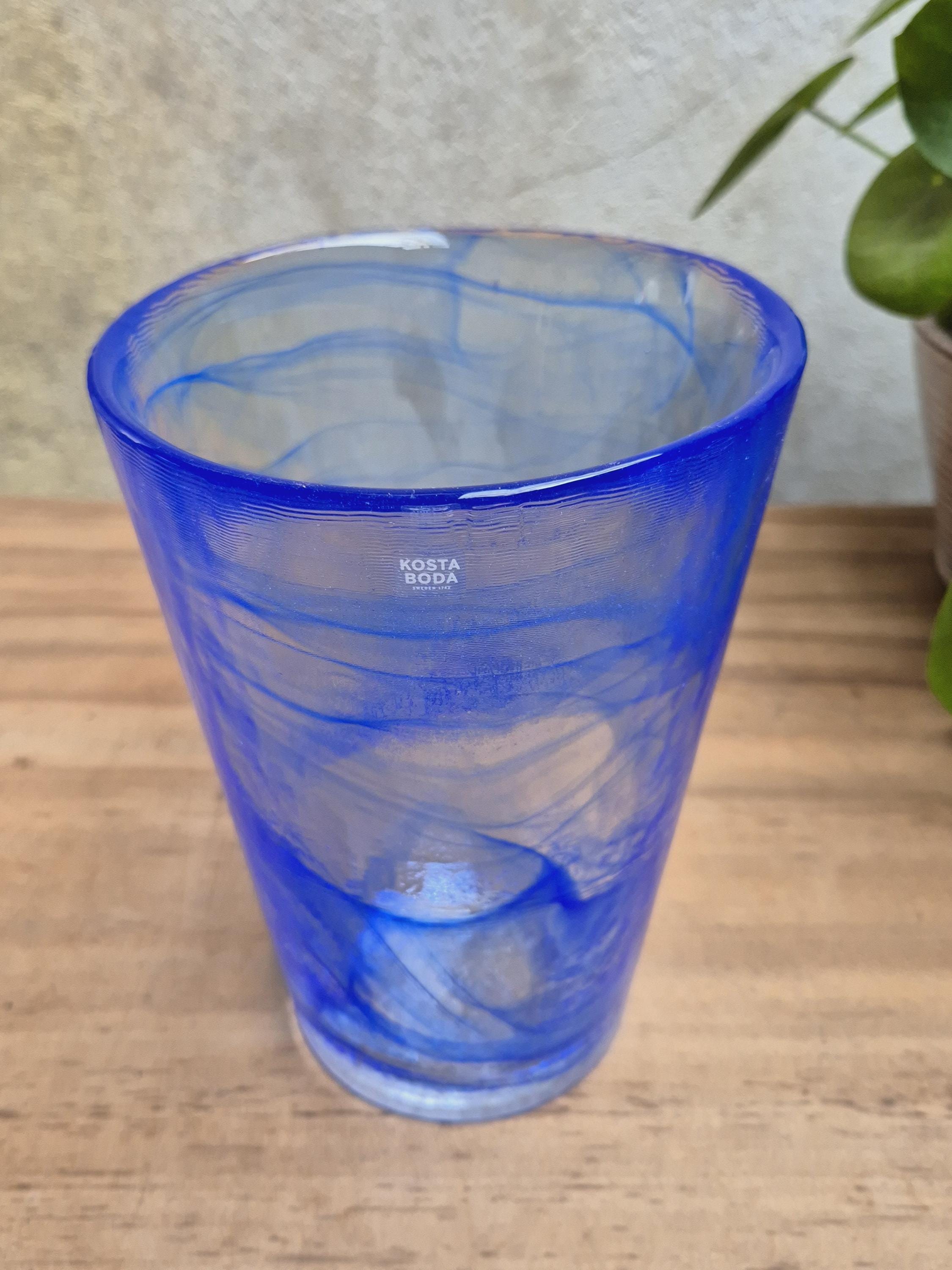 Kosta Boda AB Sweden Glass Vase Mine Blue Swirls Design by