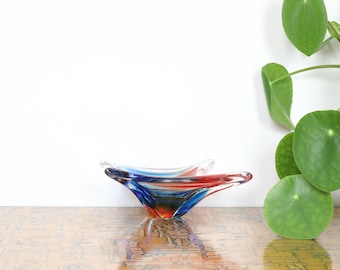 Italian Murano Art Glass Hand Blown Bowl Clear Red and Blue Glass.