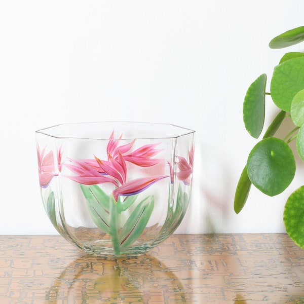 Orrefors Sweden Hand-Painted Crystal Bowl Strelitzia Flowers & Initials Design by Eva Englund.