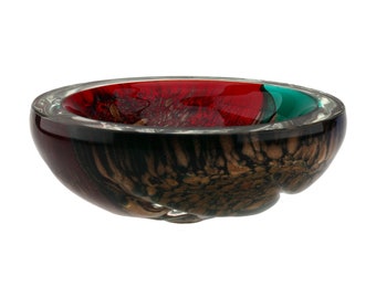 Murano Sommerso Italy Red, Green, and Gold Art Glass Bowl Geode.