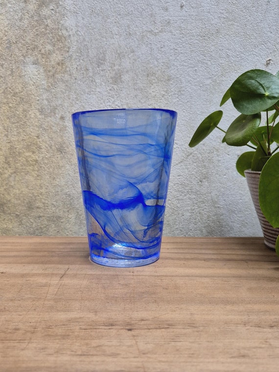 Kosta Boda AB Sweden Glass Vase Mine Blue Swirls Design by