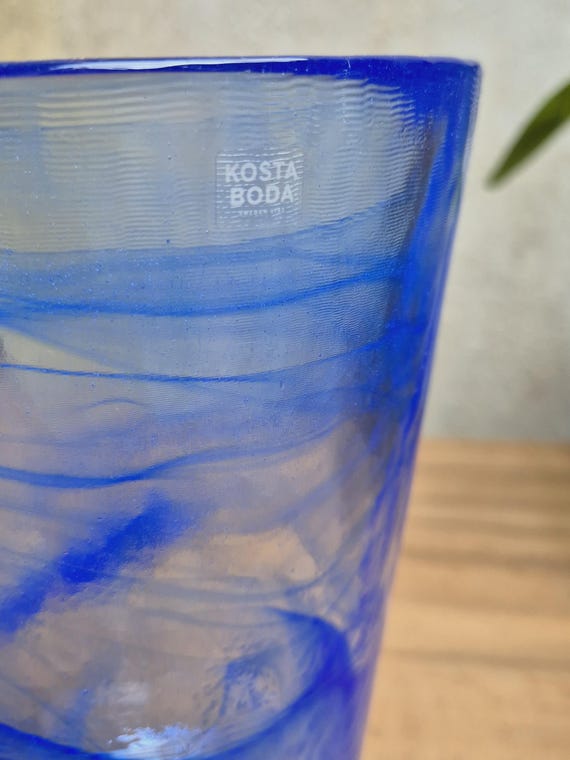 Kosta Boda AB Sweden Glass Vase Mine Blue Swirls Design by Ulrica
