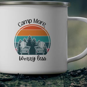 Camp More Worry Less Enamel Camping Mug, Outdoor Adventure Mug, Camper Gift, Hiking Mug, Nature Lover Drinkware, Camping Supplies