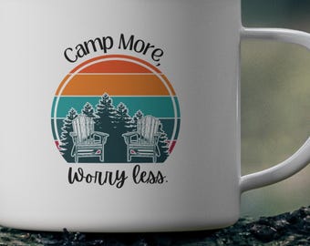 Camp More Worry Less Enamel Camping Mug, Outdoor Adventure Mug, Camper Gift, Hiking Mug, Nature Lover Drinkware, Camping Supplies