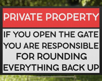 Panneau de propriété privée, si vous ouvrez le portail, vous êtes responsable de tout arrondir à l'arrière, panneau d'avertissement zone privée, panneau de cour drôle