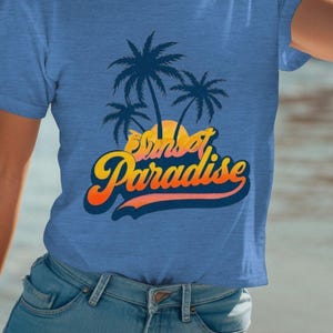 Sunset Paradise T-Shirt, Cute Summer Shirt, Beach Shirt, Women Trendy Tee, Vacation Shirt, Gift for Her, Bright Summer Tee, Beach T-Shirt