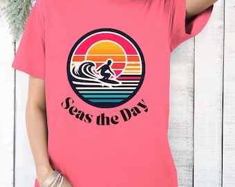 Seas The Day Tee, Womens Summer Vacation Graphic Tee, Sunset Shirt, Summer Shirt, Colorful T-Shirt, Cute Graphic Tee, T-Shirt with Sunset