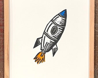 Rocketship print, handmade block print; 8"x10"