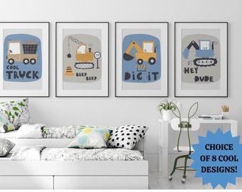 Construction vehicle prints, baby boy nursery wall art, digger posters, boys bedroom decor, blue boys decor, truck prints, playroom decor