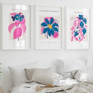 Arte murale blu e rosa, stampe del mercato dei fiori, arte murale della mamma, set di 3, arte murale del soggiorno, arredamento rosa della camera da letto, arredamento rosa della casa, arte murale