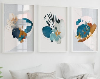 Teal & Burnt Orange Abstract Art Prints - Set of 3