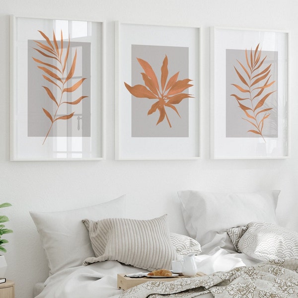 Grey & burnt orange plant prints, gallery wall set of 3, bedroom wall art, hallway, botanical wall art, home decor, grey and orange wall art