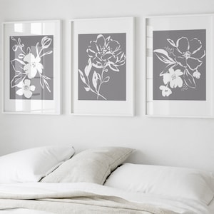Arte murale grigia, arte murale minimalista, stampe botaniche, set da 3, arredamento per la casa grigio, arredamento per il soggiorno, set di gallerie grigie, arte murale grigia per la camera da letto