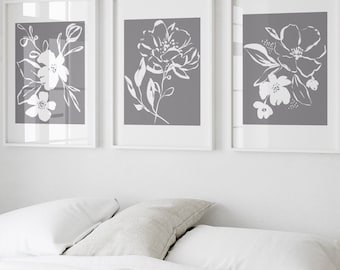 Grey Botanical Prints Set: Calming Minimalist Gallery Wall Art