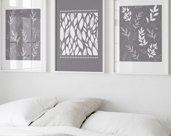 Grey Botanical Print Set: Minimalist Living Room Wall Art