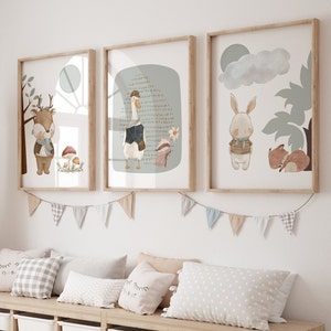Stampe per bambini in stile bosco, tema per bambini vintage, stampe per bambini in stile boho, regalo per baby shower, decorazioni murali per bambini, regalo per neonati, set di 3 stampe