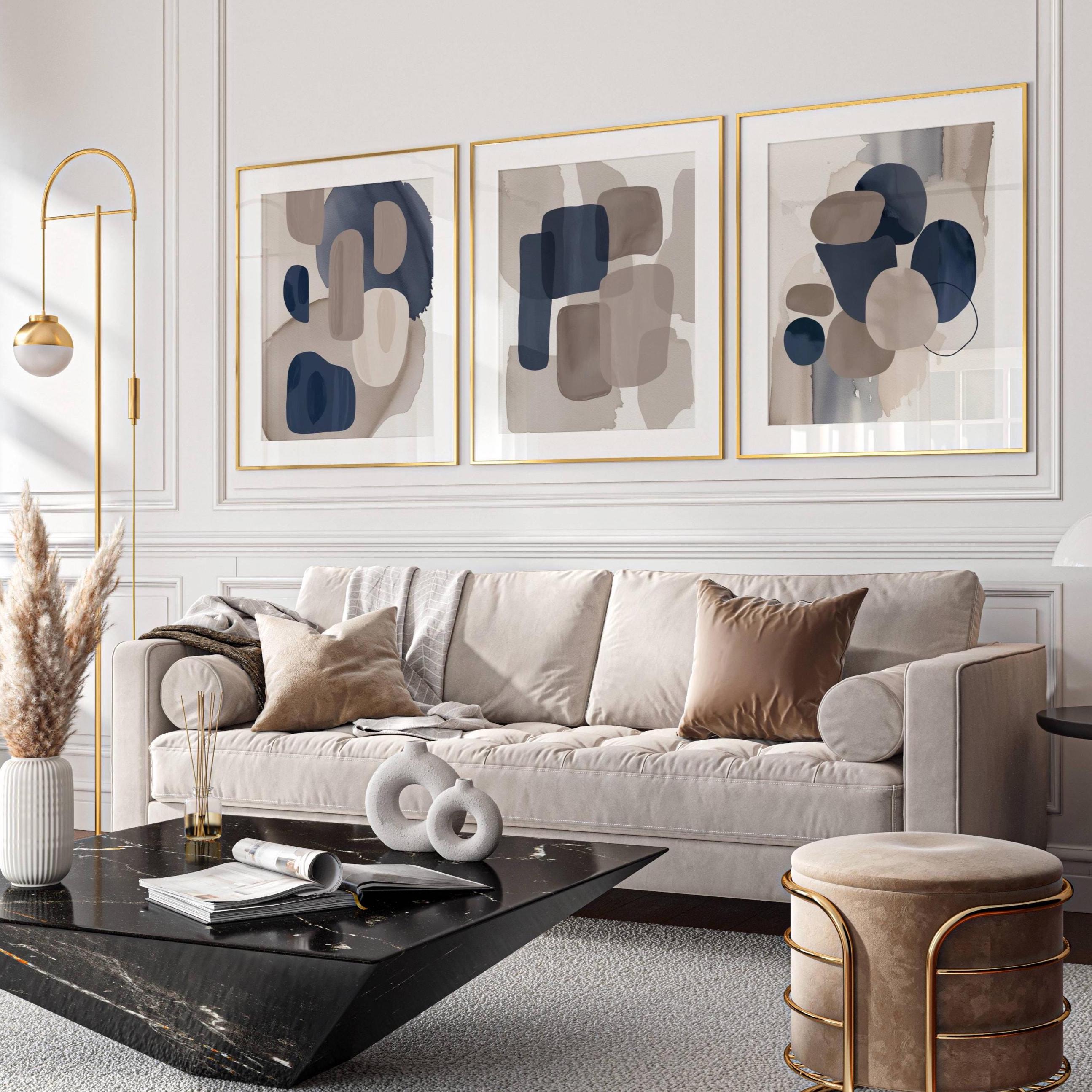 Abstract Wall Art Set: Navy Blue and Taupe Brown, Modern Living