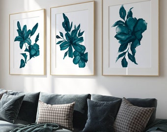 Teal Botanical Wall Art Prints: Modern Living Room Decor, Set of 3