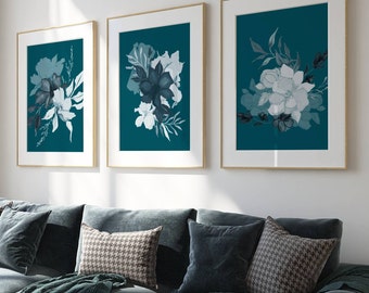 Teal Botanical Wall Art Prints - Set of 3