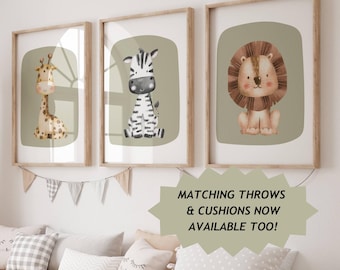 Safari nursery wall art, Boho nursery prints, sage green nursery wall art, playroom decor, safari nursery, matching baby blanket and cushion