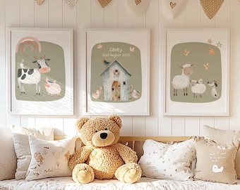 Salbeigrüne Bauernhof Tiere Kinderzimmer Drucke: Vintage Babyzimmer Deko, 3er Set