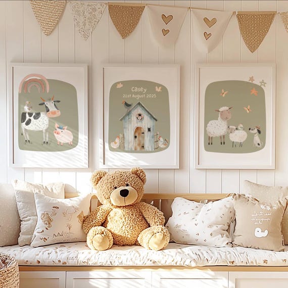 Sage Green Farm Animal Nursery Prints: Vintage Baby Room Decor