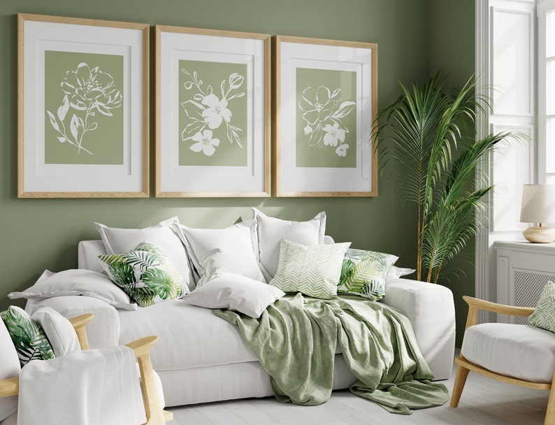 Sage Green Floral Wall Art Set: Abstract Botanical Prints, Set of 3 - Etsy