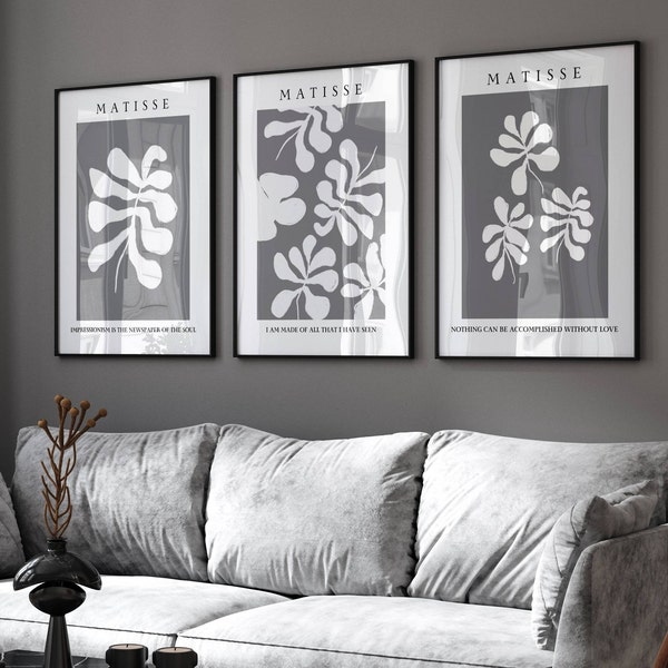 Grey wall art, Matisse prints, mid century modern, set of 3, grey bedroom decor, Matisse wall art, living room wall art, grey home decor