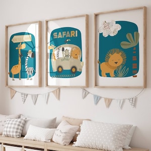 Arte murale per bambini in stile safari, stampe per bambini in stile boho, arte murale per bambini in stile verde acqua, decorazioni per la sala giochi, regalo per neonati, arte murale per bambini in stile boho, set di 3 stampe