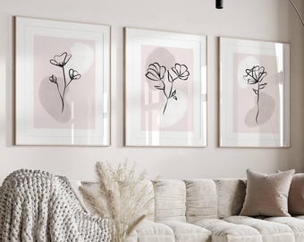 Neutral Floral Wall Art Prints: Minimalist Beige Bedroom Decor, Set of 3
