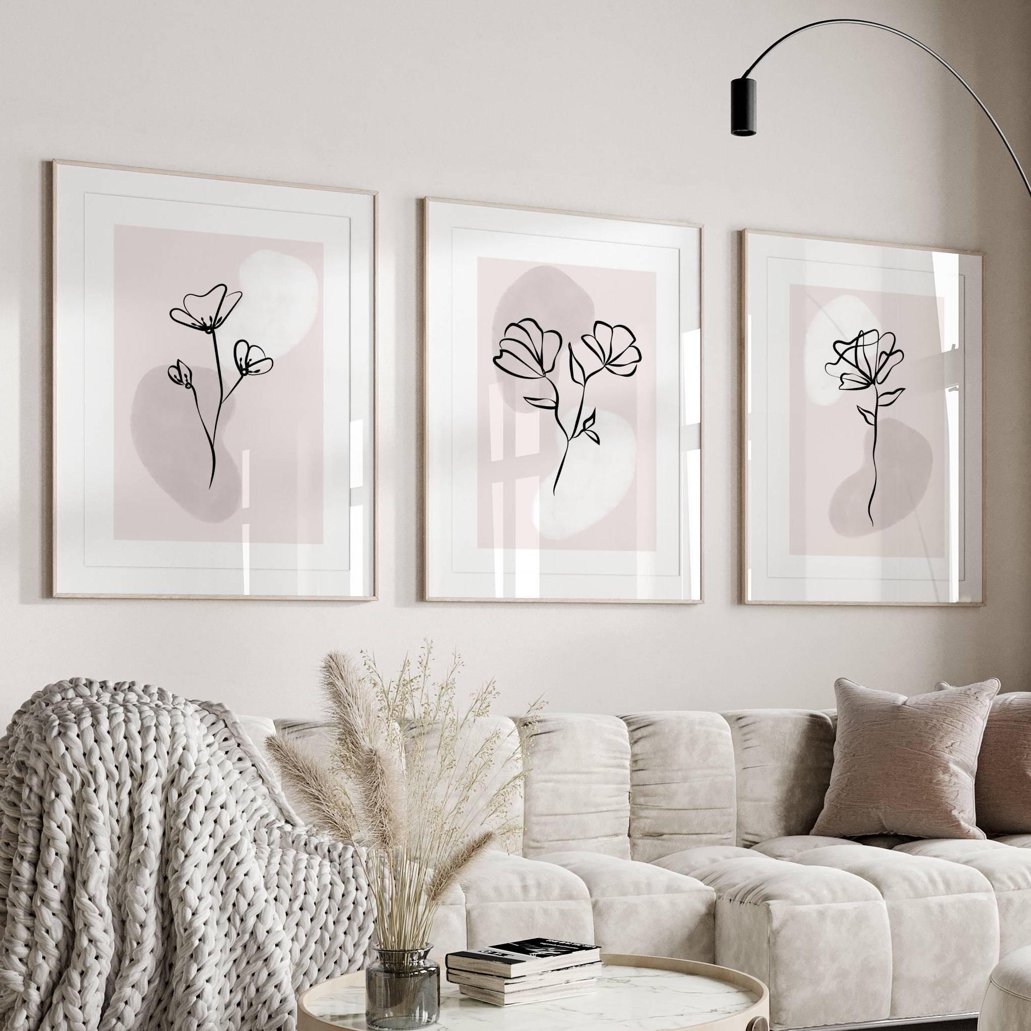 Neutral Floral Wall Art Prints: Minimalist Beige Bedroom Decor
