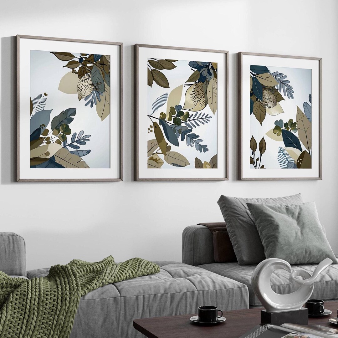 Abstract Plant Art Prints: Navy Blue & Sage Green, Set of 3 - Etsy