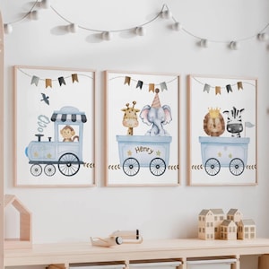 Stampe per cameretta con tema safari, decorazioni murali con treni, set da 3, decorazioni blu per cameretta, nome personalizzato, regalo personalizzato, animali del safari, cameretta per ragazzi, neonato