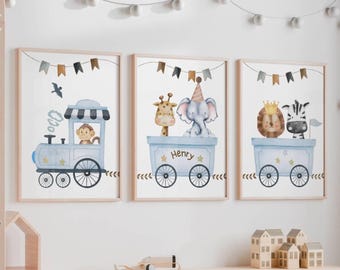 Personalized Safari Nursery Prints Set: Blue Watercolor Animals