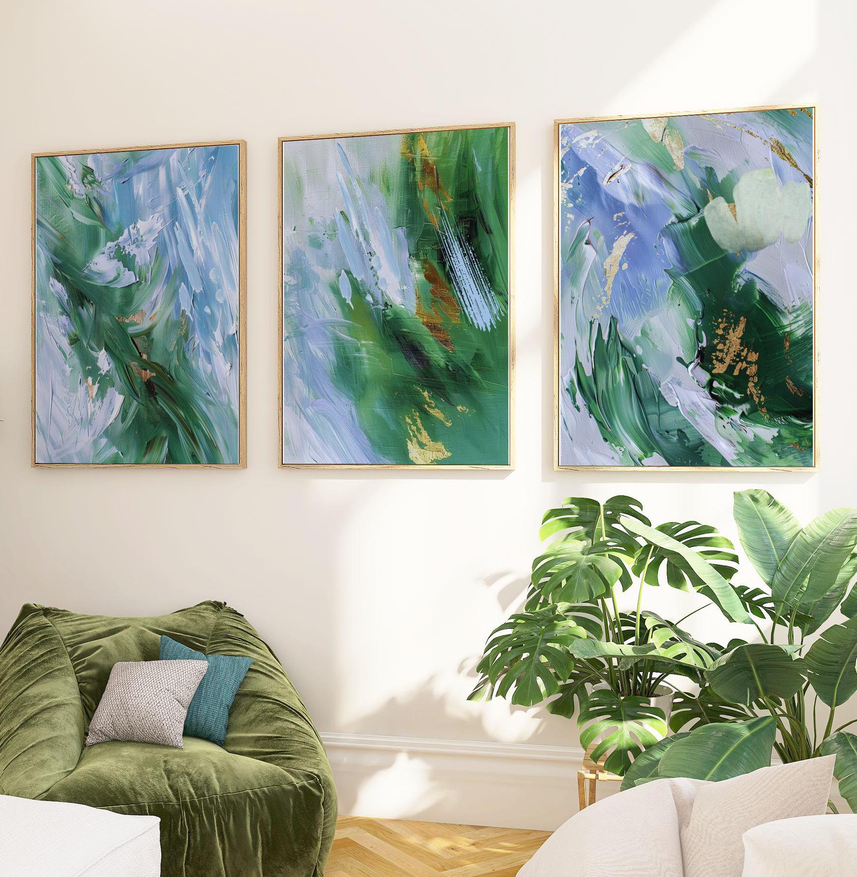 Blue and Green Abstract Wall Art Prints: Serene Home Decor, Set of