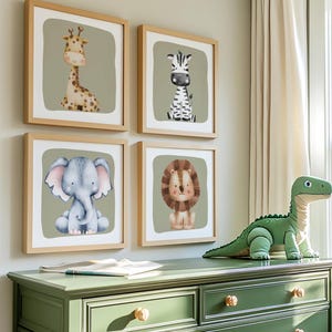 Stampe per bambini verde salvia, stampe murali per bambini in stile safari, regalo per neonati, tema safari per bambini, decorazioni per bambini in stile boho, set di 4 stampe quadrate