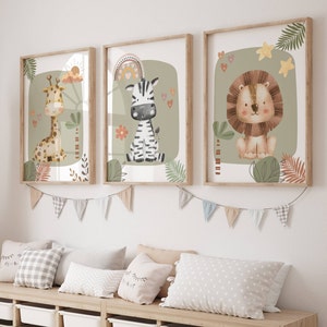 Arte murale per bambini in stile safari, stampe per bambini in stile boho, arte murale per bambini in stile verde salvia, decorazioni per la sala giochi, bambini in stile safari, arte murale per bambini in stile boho, set da 3