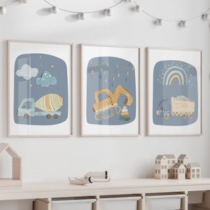 Stampe blu per la cameretta dei bambini, decorazioni per la cameretta dei bambini con disegni di costruzioni, regalo per ragazzi, stampe murali con bulldozer, stampe con escavatori, decorazioni blu per la cameretta dei bambini, decorazioni per la sala giochi, set da 3