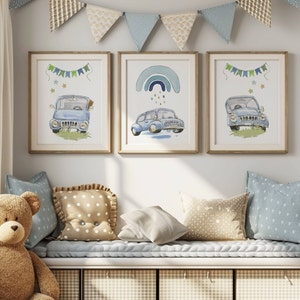 Blue Car Nursery Prints: Playful Boys Room Wall Art, Set of 3