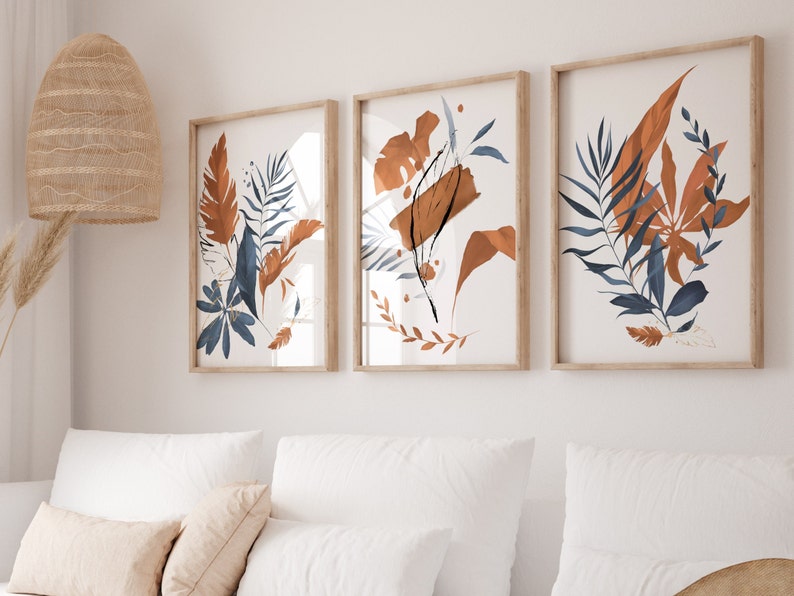 Navy Blue & Burnt Orange Plant Prints Gallery Wall Set of 3 Etsy UK