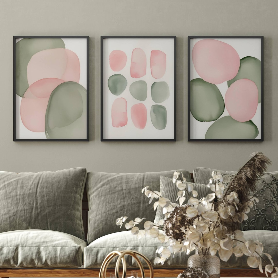 Sage Green and Pink Abstract Wall Art, Blush Pink Home Decor, Set of 3 ...