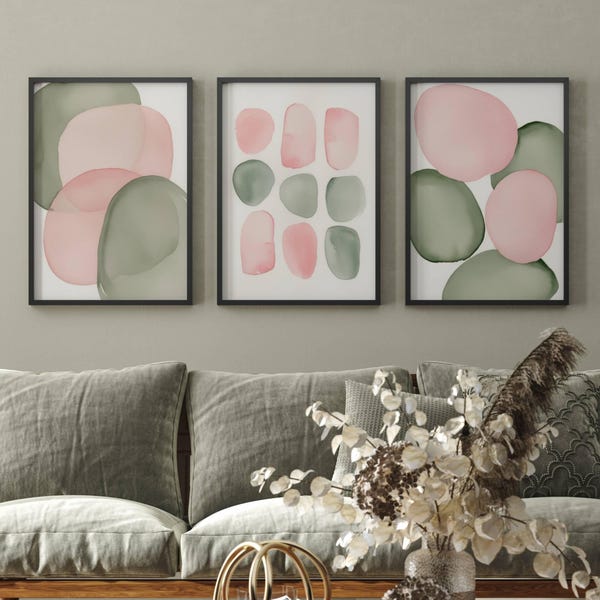 Abstract Wall Art Prints: Sage Green and Blush Pink, Set of 3