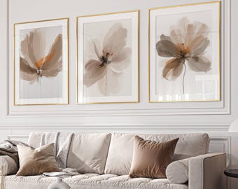 Láminas decorativas florales abstractas en tonos neutros para pared: decoración moderna para el hogar, juego de 3