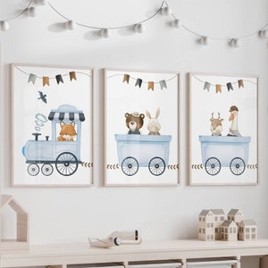 Stampe per cameretta dei bambini del bosco, decorazioni murali con treni, set da 3, decorazioni per cameretta dei bambini blu, animali del bosco, decorazioni murali per sala giochi, cameretta dei ragazzi, regalo per neonato