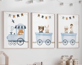 Blue Woodland Nursery Prints: Train & Animals, Set of 3
