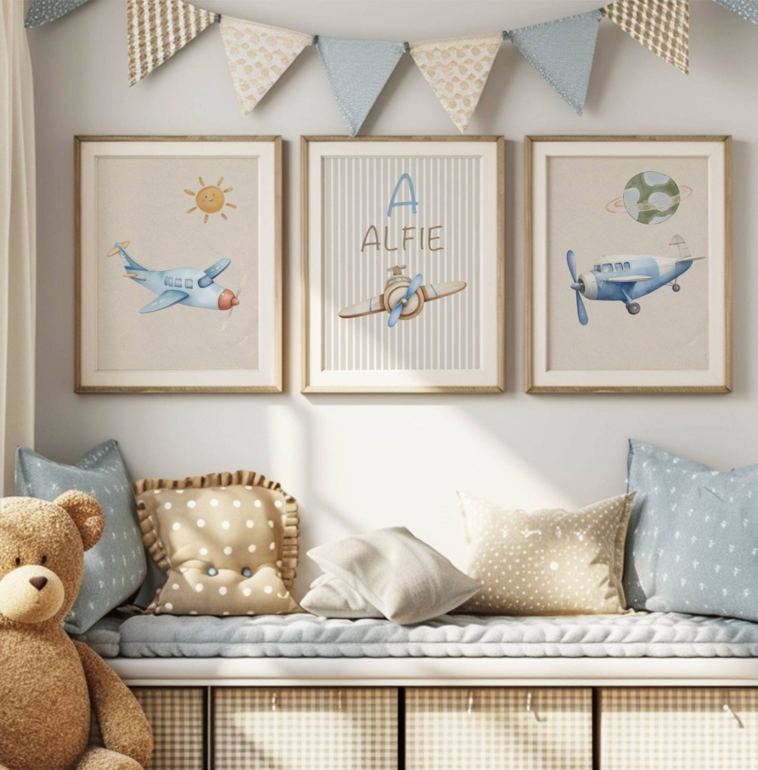 Personalized Vintage Airplane Nursery Prints: Baby Boy Room Decor, Set ...
