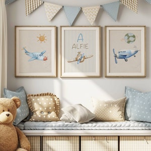 Stampe vintage per la cameretta dei bambini con aeroplani, regalo personalizzato per neonato, arte murale neutra per la cameretta dei bambini, set di 3 stampe, arredamento per la sala giochi, camera dei ragazzi