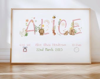 May include: A framed print featuring the name "Alice" in pink, decorated with floral and animal illustrations. The print includes the baby's birth details: weight, name, and date. The frame is a light wood color.