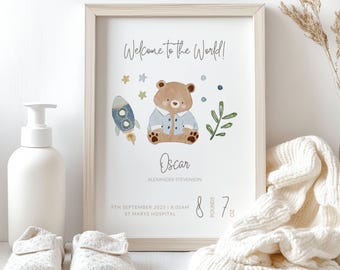 Personalised Birth Details Print, Nursery Wall Art, Baby Boy Keepsake